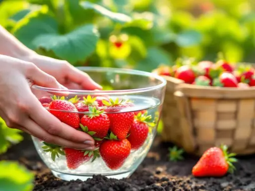 Mains mains plongent dans un bol d'eau pour rincer des fraises fraîchement cueillies. Un panier rempli de fraises est visible en arrière-plan.
