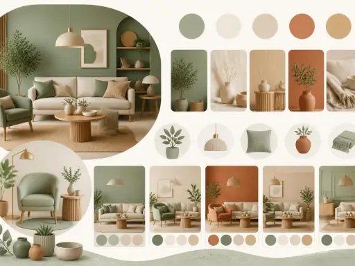 Inspiration déco salon avec un nuancier vert sauge. Ambiance douce et naturelle avec canapés, fauteuils, plantes et accessoires.