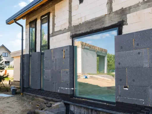 Panneaux de polystyrène gris fixés sur un mur de blocs de béton pour l'isolation par l'extérieur d'une maison en construction.