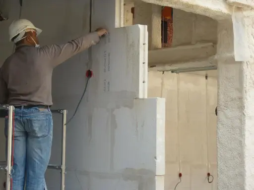 Un ouvrier en casque blanc travaille sur un mur en béton cellulaire, posant des blocs légers.