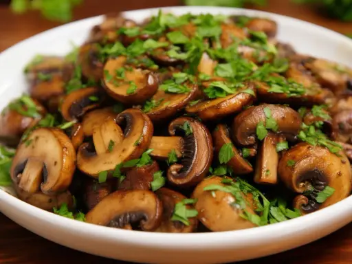 Champignons de Paris poêlés, parsemés de persil frais. Un délice qui évoque la richesse de la culture champignon de Paris.