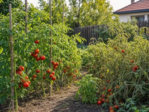 Un potager ensoleillé avec des plants de tomates bien espacés, chargés de fruits rouges. L'espacement pied de tomate permet une belle récolte.