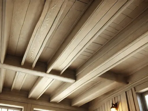 Plafond en bois avec poutres peintes couleur lin, créant une ambiance chaleureuse et rustique.