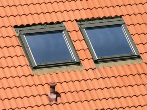 Un chien assis sur une toiture en tuiles, observant le ciel à travers deux fenêtres de toit.