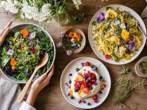 Salade colorée, pâtes et dessert ornés de fleurs comestibles, une invitation à déguster la nature.