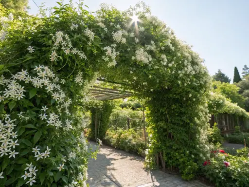 Un tunnel végétal luxuriant, orné de jasmin étoilé, crée un brise-vue naturel. Le soleil filtre à travers les fleurs blanches, illuminant un chemin pavé.