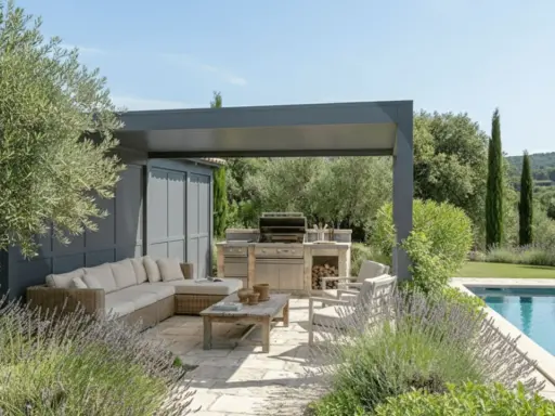 Un élégant pool house provençal avec salon extérieur, cuisine d'été et piscine, entouré d'oliviers et de lavande.