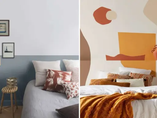 Deux lits douillets, l'un avec une tête de lit en peinture abstraite ocre et terre, l'autre avec une tête de lit peinte en deux tons bleu et blanc, ornée de cadres.