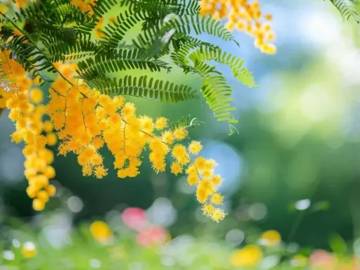 Des grappes de fleurs de mimosa jaune vif pendent sur des branches vertes. L'idée de planter un mimosa pour égayer le jardin.