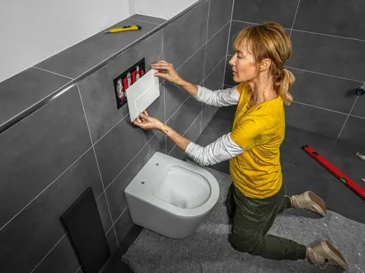 Une femme installe une plaque de commande pour changer la chasse d'eau d'une nouvelle cuvette de toilette suspendue.