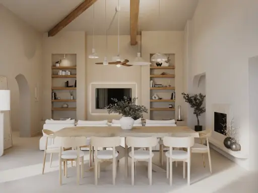 Un salon scandinave moderne aux tons clairs, avec une grande table en bois, des chaises épurées, des étagères murales et une cheminée.