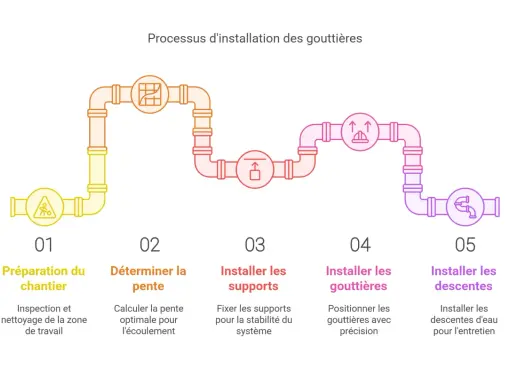 Processus d'installation des gouttières : préparation, détermination de la pente, installation des supports, pose de gouttière et descentes.