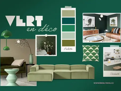 Palette de couleurs tendance pour une décoration apaisante. Un nuancier de vert invite à la sérénité dans des intérieurs modernes.