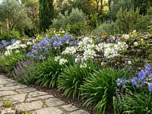 Un chemin de pierres mène à un mur de pierre fleuri de roses et d'agapanthes bleues et blanches. Le moment idéal quand diviser les agapanthes.