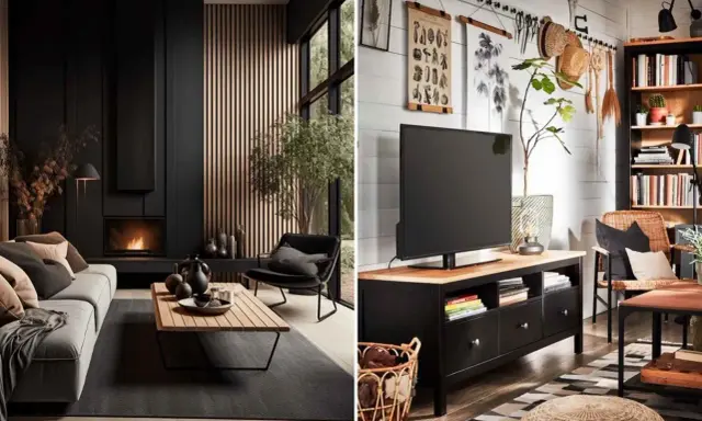 Ambiance chaleureuse avec ce salon noir et bois. Le feu crépite dans la cheminée, le bois apporte de la douceur. Inspiration deco salon noir et bois.