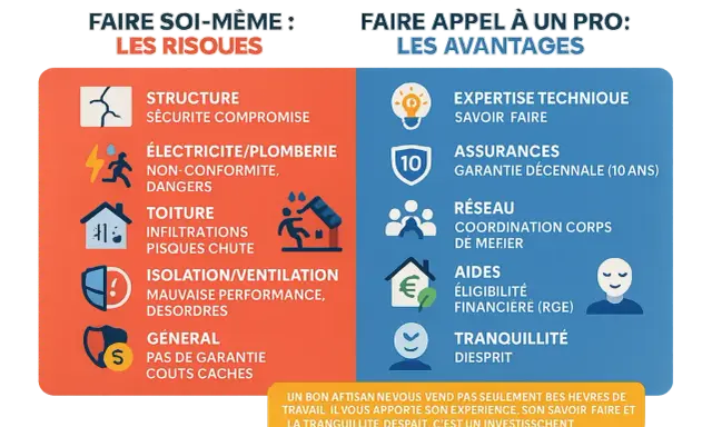Comparaison des risques du bricolage pour rénover appartement ancien et des avantages de faire appel à un professionnel : expertise, assurances, tranquillité.