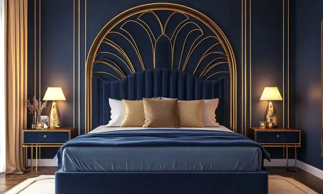Chambre bleu nuit et doré, avec un lit luxueux, des tables de chevet assorties et un éclairage doux.
