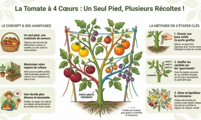 Illustration montrant comment greffer des tomates sur un seul pied pour obtenir plusieurs variétés et couleurs.