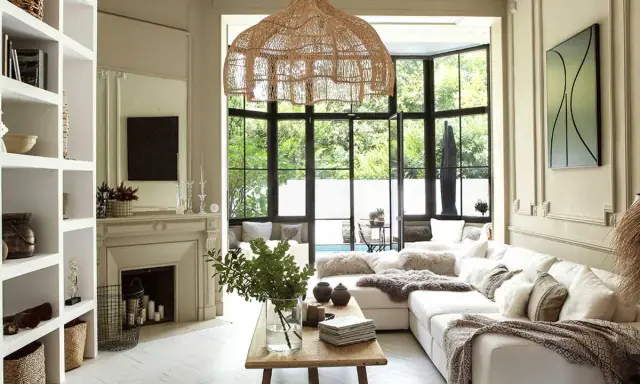 Salon lumineux au style bohème chic maison, avec canapé blanc, suspensions en rotin, cheminée et grandes fenêtres donnant sur le jardin.