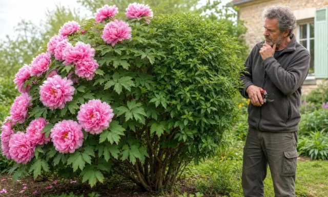 Un homme observe la taille d'une pivoine arbustive aux fleurs roses éclatantes, un jardinier pensif.