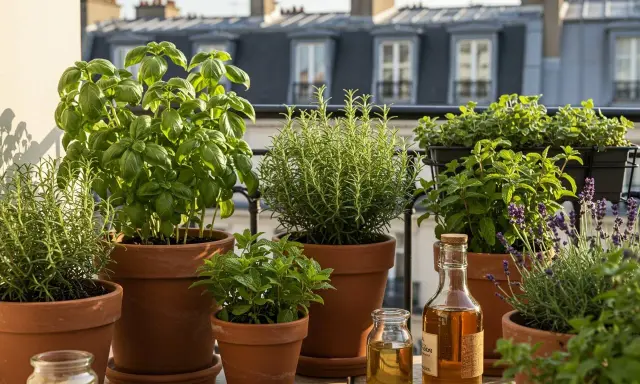 Un balcon parisien avec une belle sélection de plantes aromatiques : basilic, romarin, menthe, lavande. Une liste de plantes à avoir chez soi.