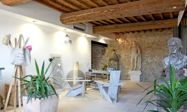 Salon moderne avec poutre apparente. Deux fauteuils en bois, une table, des plantes et des statues ornent cet espace chaleureux.