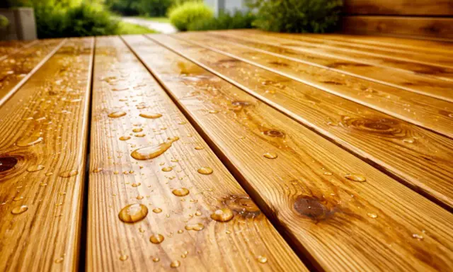 Gouttes d'eau sur une terrasse en bois fraîchement traitée, montrant la protection efficace du bois.