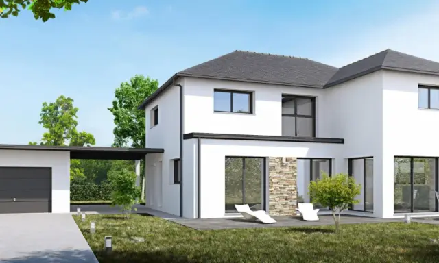 Ce type de maison moderne, blanc et épuré, avec garage attenant et jardin verdoyant, invite à la détente.