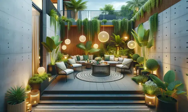Aménagement d'une terrasse de 30m2 luxuriante avec mobilier confortable, éclairage d'ambiance et végétation tropicale.