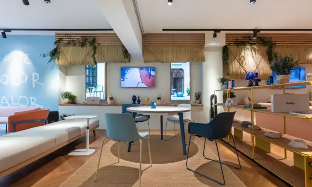 Ambiance lumineuse et colorée pour une idée décoration bureau professionnel. Canapés, table ronde, étagères et plantes créent un espace accueillant.