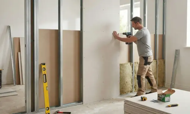 Un homme visse une plaque de placo sur une structure métallique. Des outils et des matériaux de construction sont visibles.