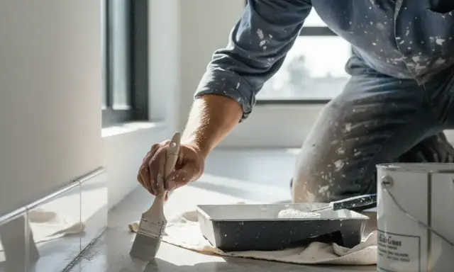 Un peintre applique une couche de peinture sur une plinthe, juste au-dessus du carrelage.