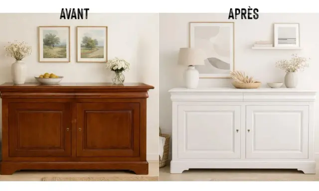 Avant/après : un meuble en bois verni transformé en blanc pour un relooking complet.