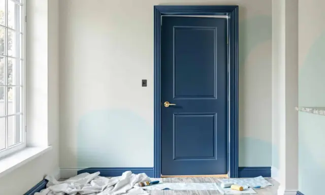 Peinture porte intérieure bleu marine, avec des touches de bleu clair sur le mur. Des rouleaux et pinceaux sont au sol, prêts pour la prochaine étape.