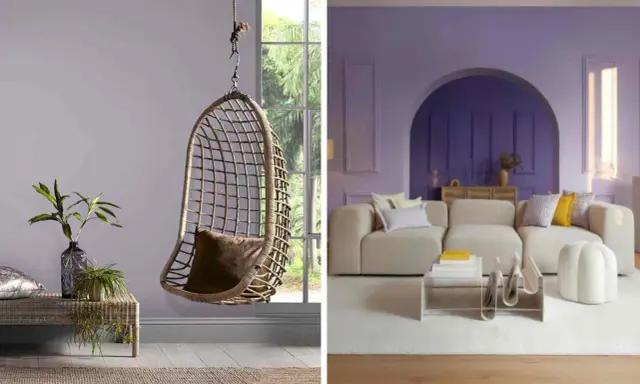 Un fauteuil suspendu en rotin et un salon moderne aux murs couleur parme clair.