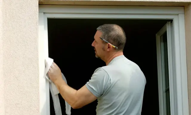 Homme en cours de pose de fenêtre en rénovation, nettoyant le cadre avec un chiffon. Un crayon est coincé derrière son oreille.