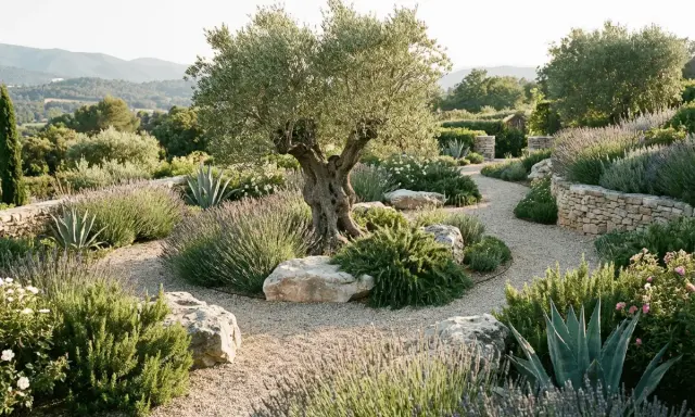 Un jardin méditerranéen avec un olivier centenaire, des lavandes, des agaves et des rochers. Les différents sedum apportent une touche de couleur et de texture.