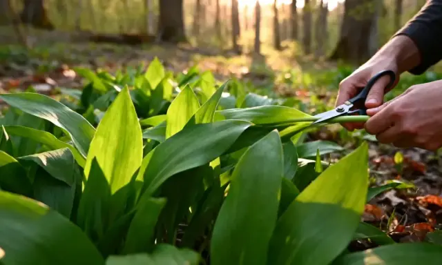 Mains coupant des feuilles d'ail des ours dans une forêt ensoleillée, pour conserver cette herbe sauvage.