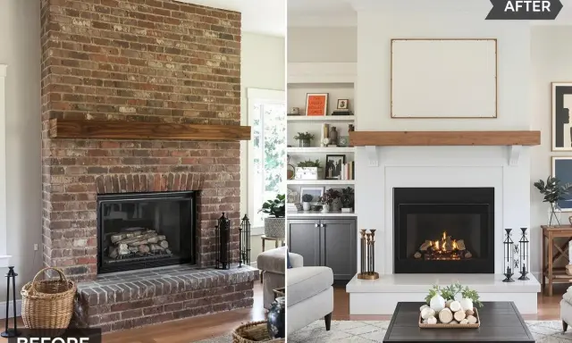 Avant/après d'une rénovation cheminée : d'une imposante structure en briques rouges à une cheminée blanche épurée, modernisée avec une étagère en bois.