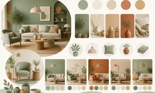 Inspiration déco salon avec un nuancier vert sauge. Ambiance douce et naturelle avec canapés, fauteuils, plantes et accessoires.