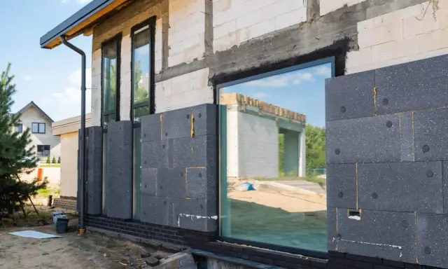 Panneaux de polystyrène gris fixés sur un mur de blocs de béton pour l'isolation par l'extérieur d'une maison en construction.