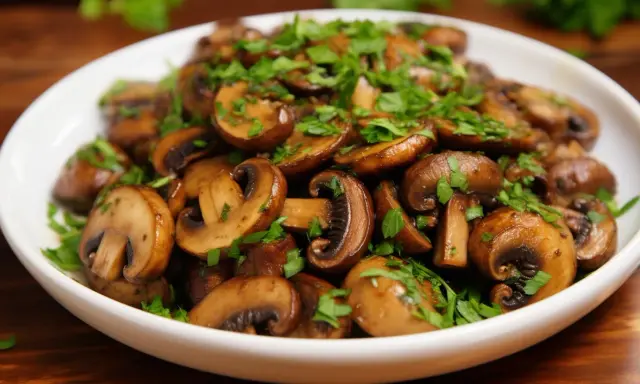 Champignons de Paris poêlés, parsemés de persil frais. Un délice qui évoque la richesse de la culture champignon de Paris.