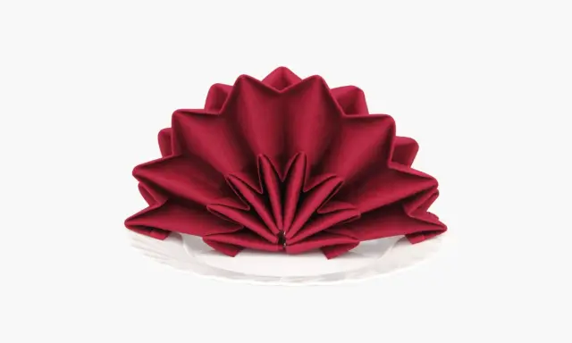 Une serviette rouge bordeaux pliée en éventail sur une assiette blanche. Un pliage serviette simple et beau pour une table élégante.