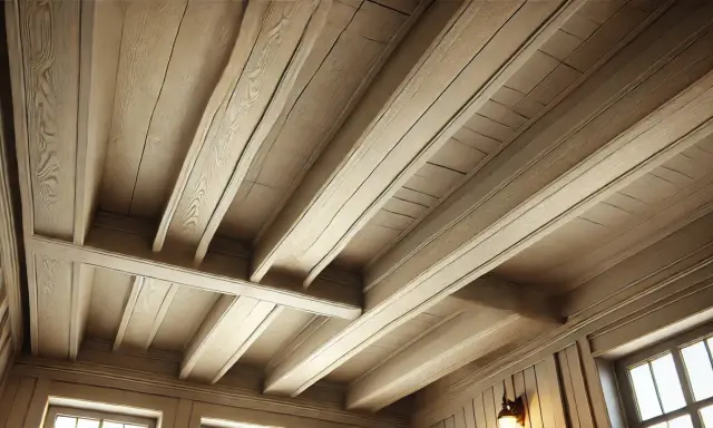 Plafond en bois avec poutres peintes couleur lin, créant une ambiance chaleureuse et rustique.