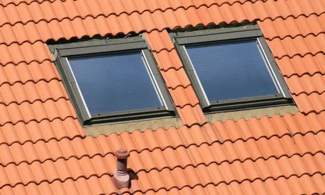 Un chien assis sur une toiture en tuiles, observant le ciel à travers deux fenêtres de toit.
