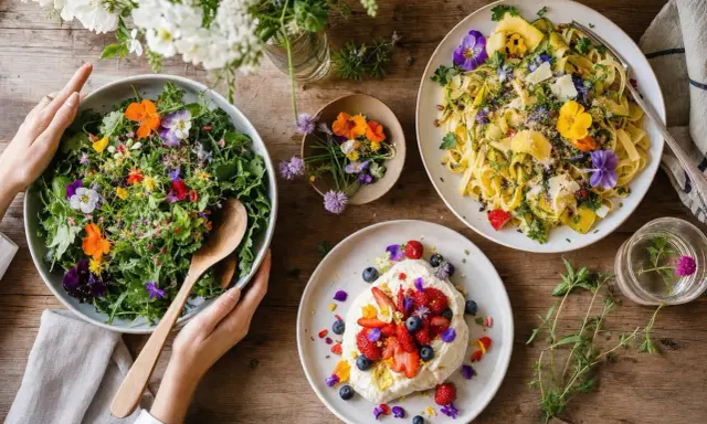 Salade colorée, pâtes et dessert ornés de fleurs comestibles, une invitation à déguster la nature.