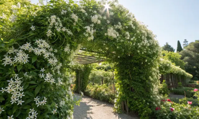 Un tunnel végétal luxuriant, orné de jasmin étoilé, crée un brise-vue naturel. Le soleil filtre à travers les fleurs blanches, illuminant un chemin pavé.