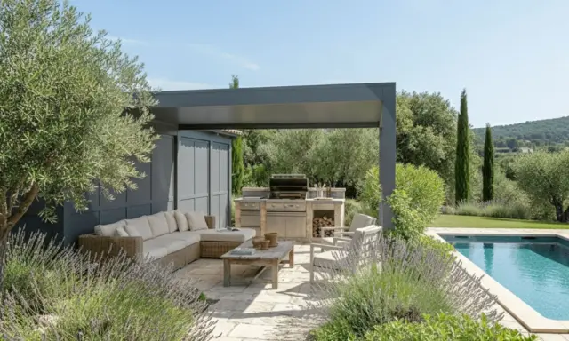 Un élégant pool house provençal avec salon extérieur, cuisine d'été et piscine, entouré d'oliviers et de lavande.