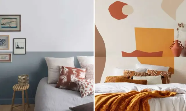 Deux lits douillets, l'un avec une tête de lit en peinture abstraite ocre et terre, l'autre avec une tête de lit peinte en deux tons bleu et blanc, ornée de cadres.
