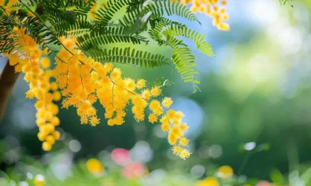 Des grappes de fleurs de mimosa jaune vif pendent sur des branches vertes. L'idée de planter un mimosa pour égayer le jardin.